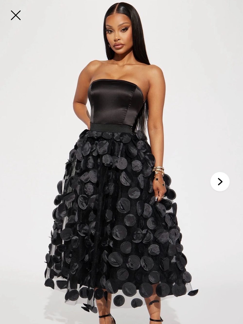 Strapless Black Polka Appliqué Midi Dress
